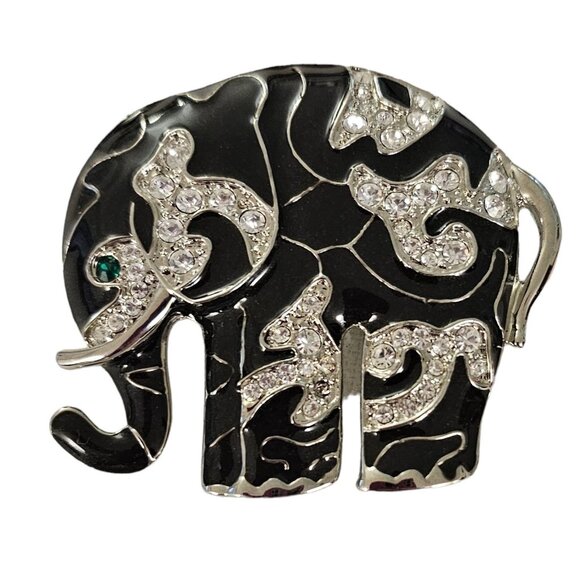 Black Enamel Clear Rhinestone Silver Tone Elephant Brooch L138 - Picture 1 of 8